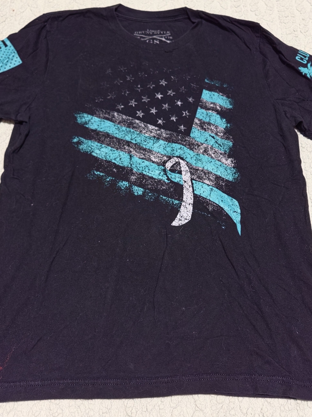 Grunt Style Black Short Sleeve Tee with Teal and White Flag Graphic